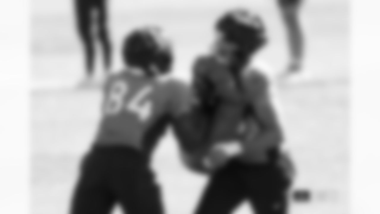 Chris Manhertz and Lucas Krull during practice at Centura Health Training Center in Englewood, Colorado on October 25, 2023. Photo by Ben Swanson / Denver Broncos