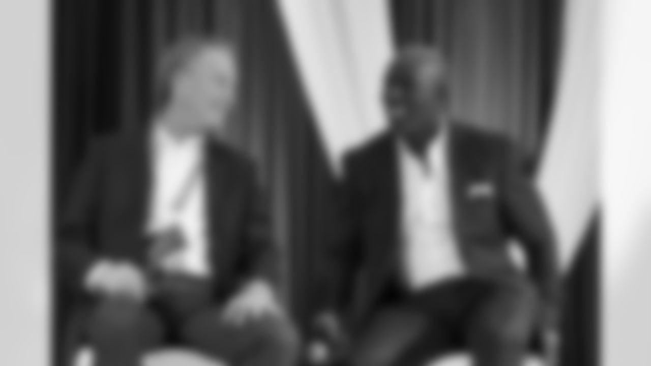 Steve Foley and Terrell Davis during the alumni banquet and reunion celebration at Centura Health Training Center in Englewood, Colorado on September 16, 2023. Photo by Gabriel Christus / Denver Broncos