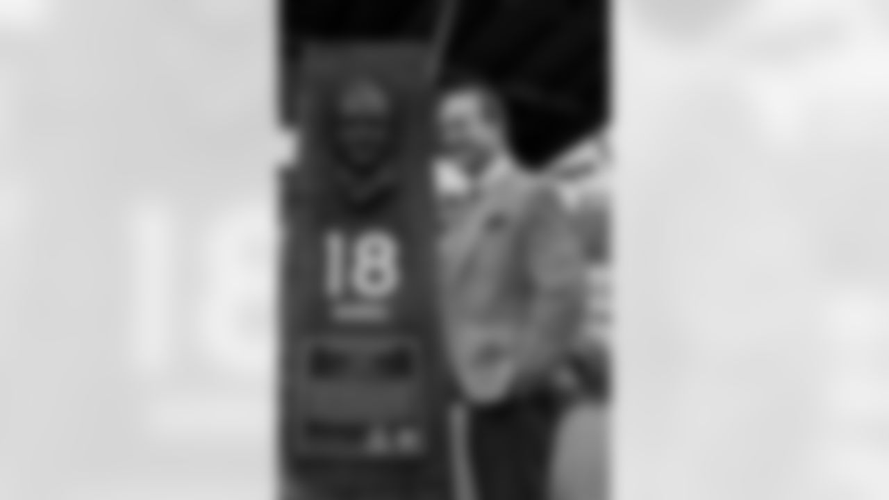Peyton Manning during a Ring of Fame ceremony before the Broncos' Week 8 game against the Washington Football Team at Empower Field at Mile High in Denver, Colorado on October 31, 2021. (Photo by Sam Weaver)