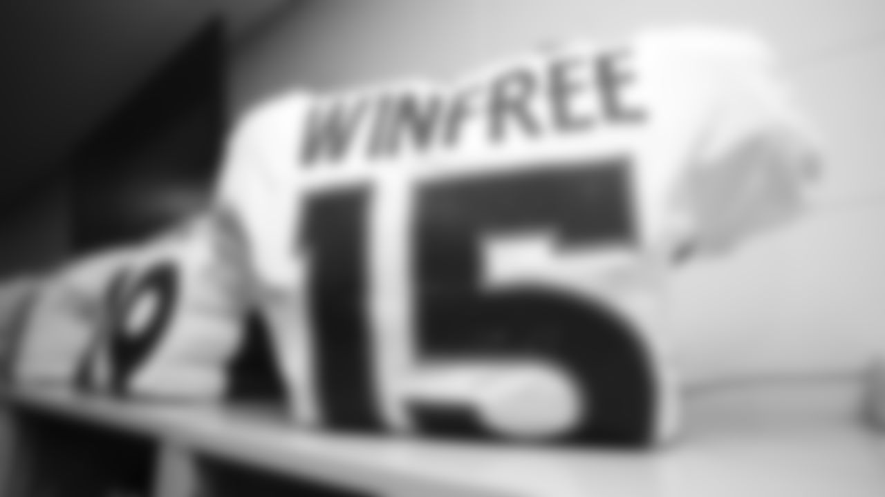 Juwann Winfree's jersey inside the locker room during the equipment setup before the Broncos' preseason matchup with the Falcons in the Pro Football Hall of Fame Game on August 1, 2019 at Tom Benson Hall of Fame Stadium.