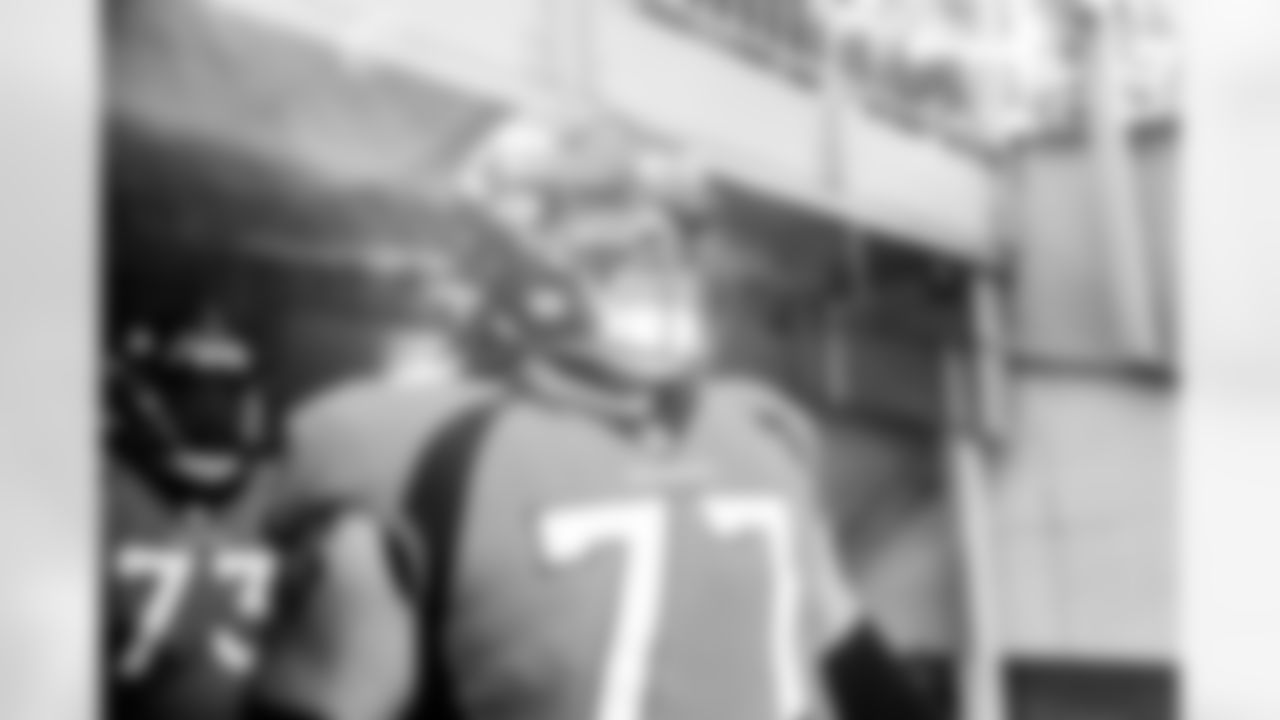 Quinn Meinerz in the tunnel during pregame warmups before the game against the Baltimore Ravens on October 3, 2021 at Empower Field at Mile High in Denver, Colorado. (Photo by Ben Swanson)