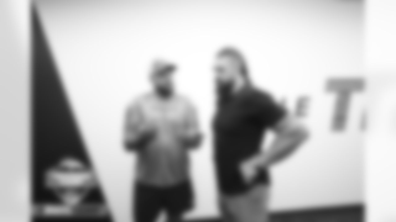 Derek Wolfe and Dalton Risner as he announces he is retiring as a Bronco during training camp on Friday, July 29, 2022 at UCHealth Training Center in Englewood, Englewood.
Photo by Gabriel Christus/Denver Broncos