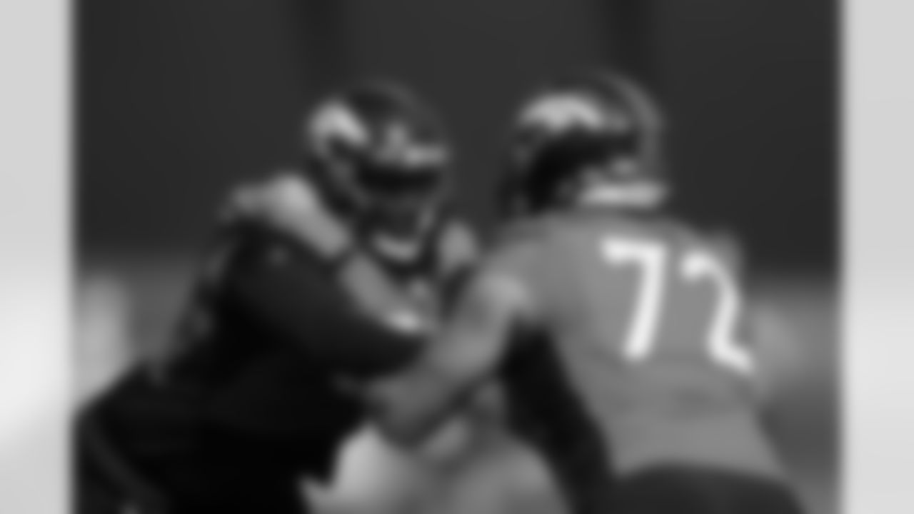 Calvin Anderson and Garett Bolles during training camp at UCHealth Training Center in Centennial, CO, August 19, 2020.
Photo by Gabriel Christus