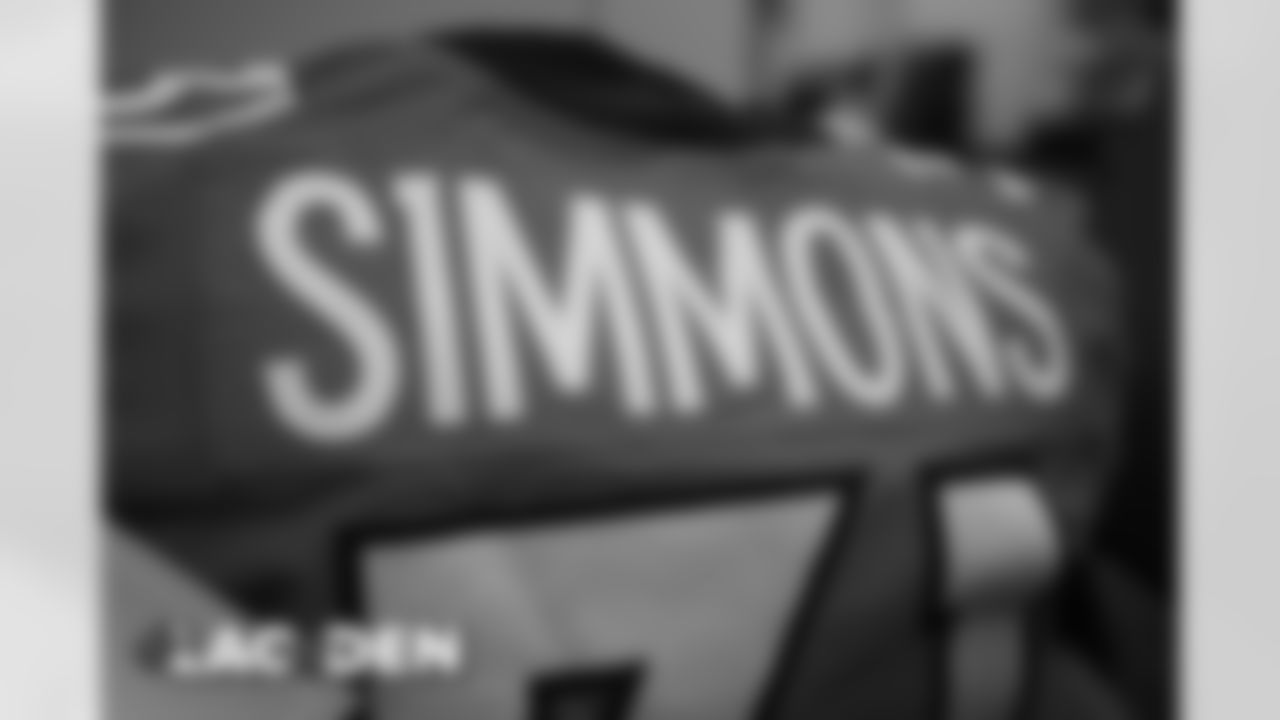 Justin Simmons's jersey in the locker room before the Broncos' Week 8 game against the Los Angeles Chargers at Empower Field at Mile High on November 1, 2020. (Photo by Ben Swanson)