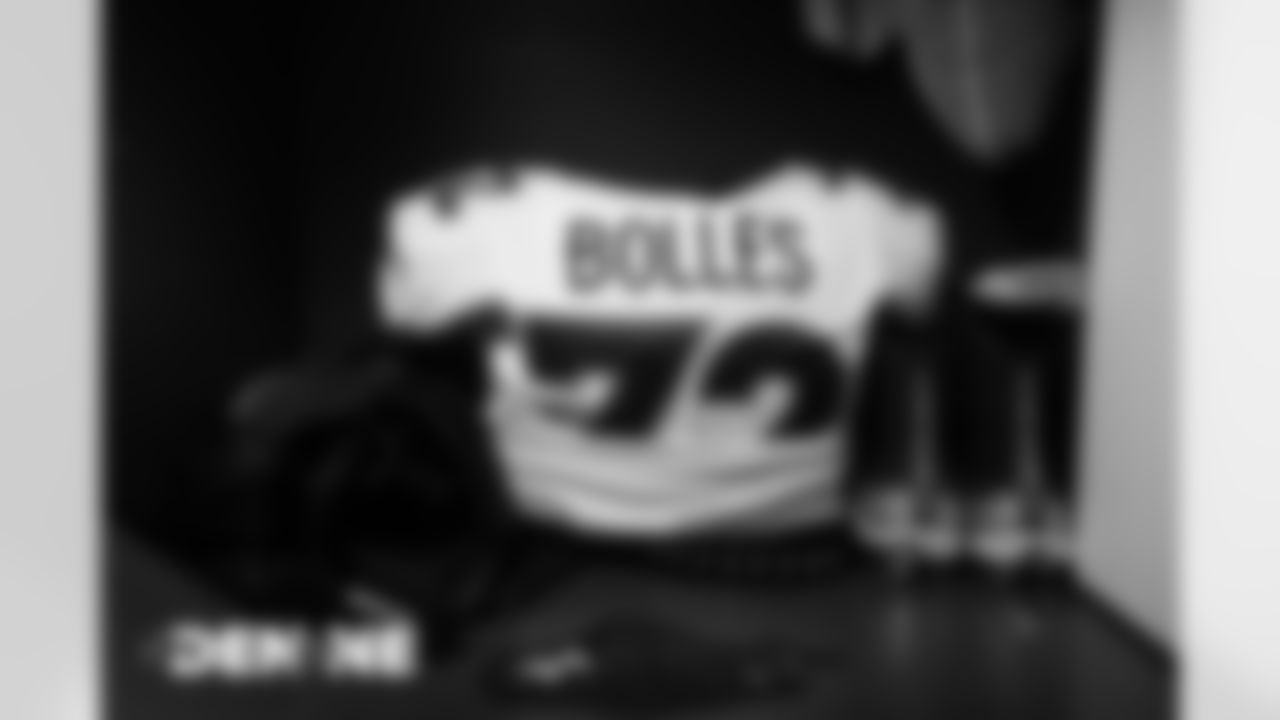 Garett Bolles's jersey and cleats in the locker room before the Broncos' Week 6 game against the New England Patriots at Gillette Stadium in Foxborough, Massachusetts, on October 18, 2020. (Photo by Ben Swanson)