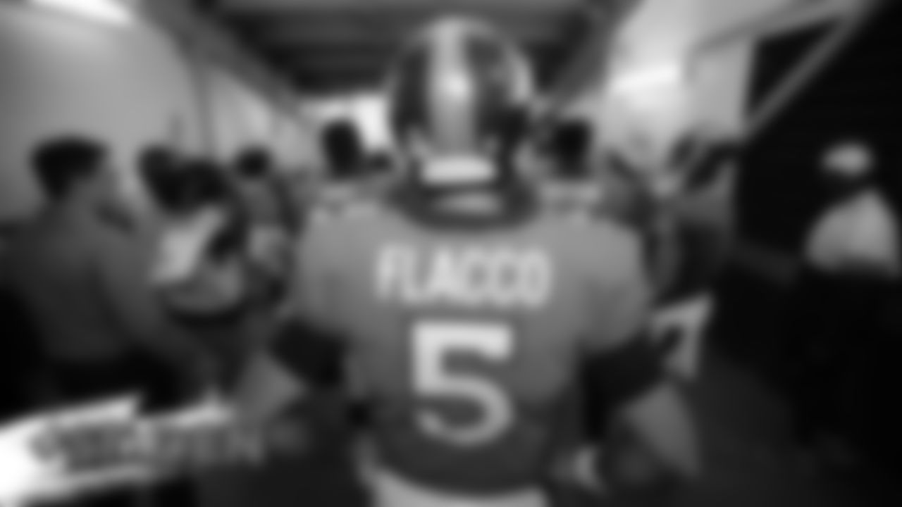 Joe Flacco in the tunnel during team introductions before the Broncos' preseason game against the San Francisco 49ers on August 19, 2019 at Broncos Stadium at Mile High in Denver, Colorado.