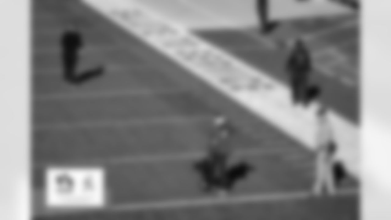 A view of Salute to Service signage on the field for the Broncos Week 11 game against the Miami Dolphins on November 22, 2020 at Empower Field at Mile High. Photo by Christopher Stark