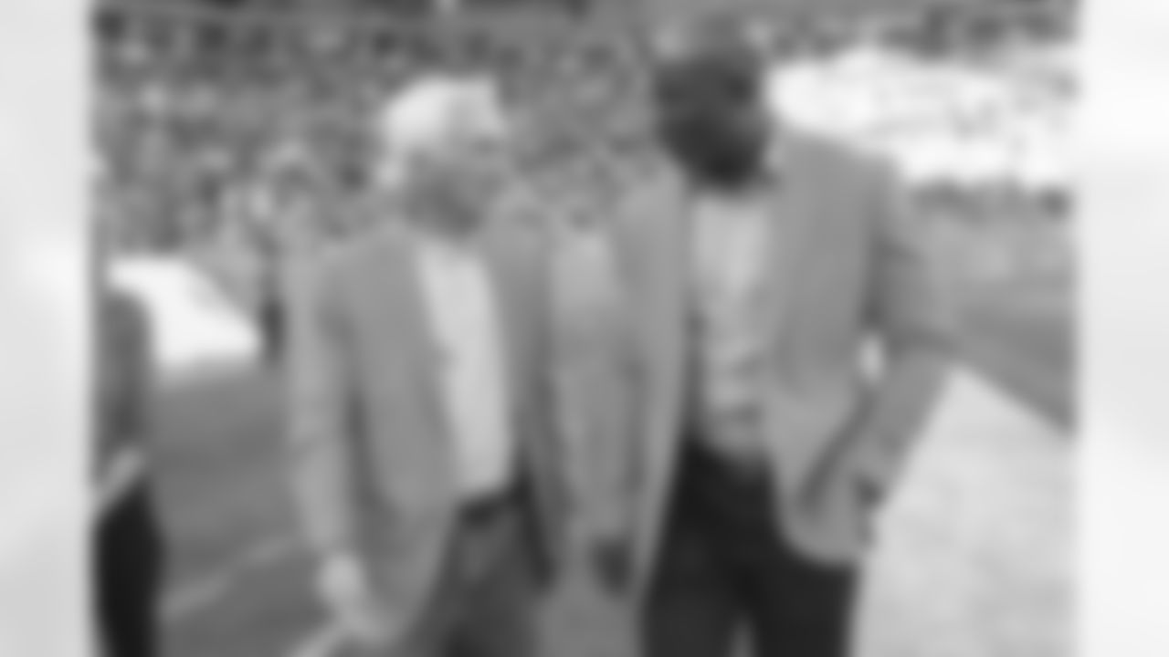 Mike Shanahan and Terrell Davis during the NFL game against the Las Vegas Raiders on Sunday, October 17, 2021 at Empower Field at Mile High in Denver, Colorado.
Photo by Gabriel Christus