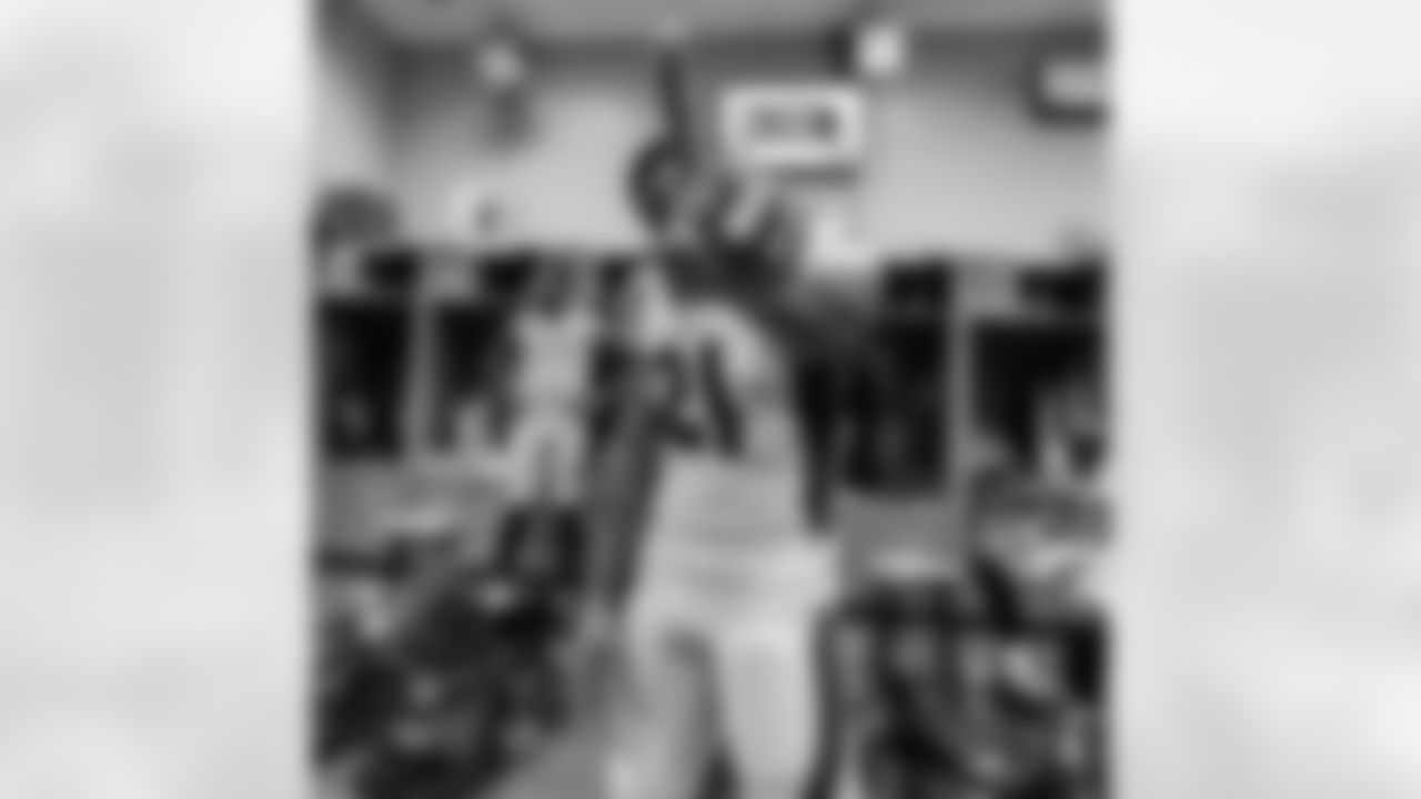 Ronald Darby in the locker room after the Broncos' Week 1 game against the New York Giants at MetLife Stadium in East Rutherford, New Jersey, on September 12, 2021. (Photo by Austin Brink)