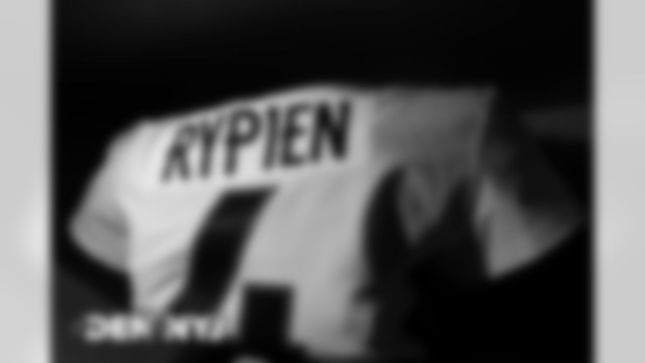 Brett Rypien's jersey in the equipment room before the Broncos' Week 4 game against the New York Jets at MetLife Stadium in East Rutherford, New Jersey. (Photo by Ben Swanson)