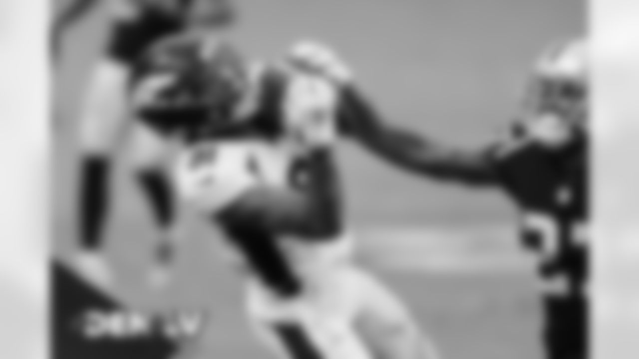 Tim Patrick during the first half of the Broncos' Week 10 game against the Las Vegas Raiders at Allegiant Stadium in Las Vegas, Nevada. (Photo by Gabriel Christus)