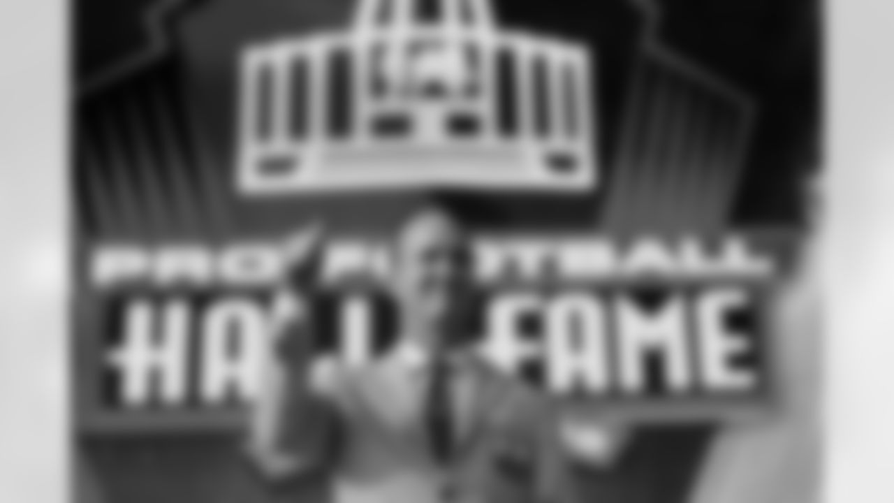Peyton Manning on stage during the 2021 Hall of Fame Weekend on Sunday, August 8, 2021 in Canton, Ohio. (Aaron Doster/NFL)