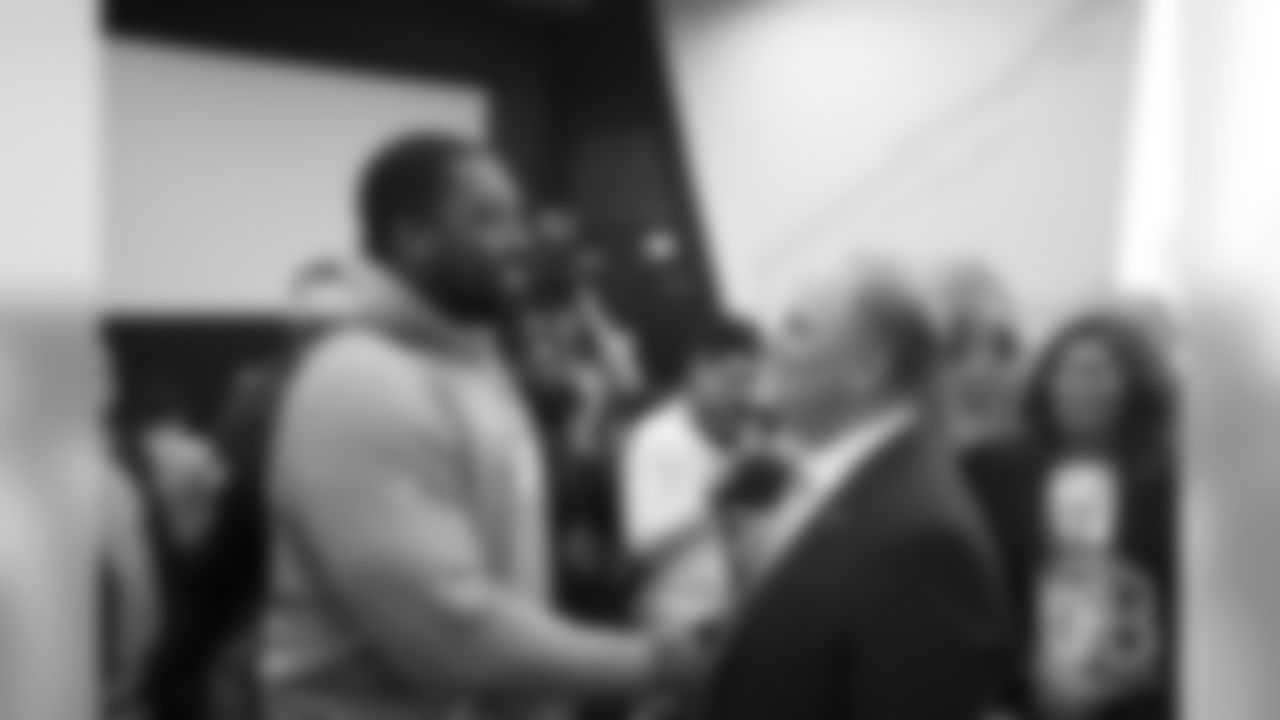 Shelby Harris greets Head Coach Vic Fangio after his introductory press conference on January 10, 2019.
Photo by Gabriel Christus