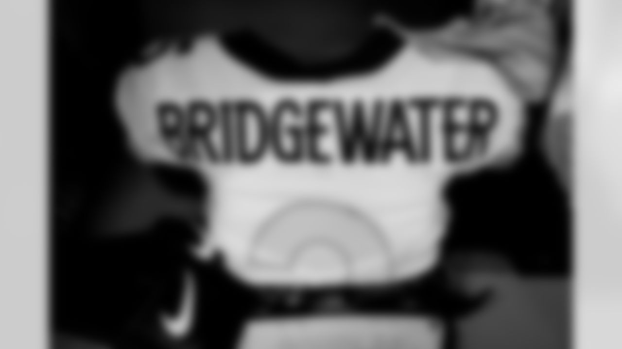 Teddy Bridgewater's jersey in the locker room before the Broncos' Week 1 game against the New York Giants at MetLife Stadium in East Rutherford, New Jersey, on September 12, 2021. (Photo by Joe Abdellah)