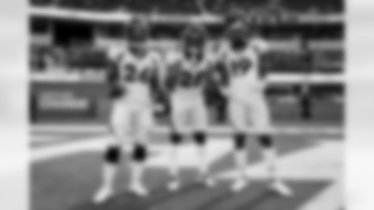 Mike Boone, Damarea Crockett and Seth Williams before the Broncos' Week 17 game against the Los Angeles Chargers at SoFi Stadium in Inglewood, California on January 2, 2022. (Photo by Ric Tapia)