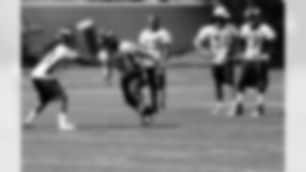 CBs Syd'Quan Thompson and Omar Bolden work on coverage drills.