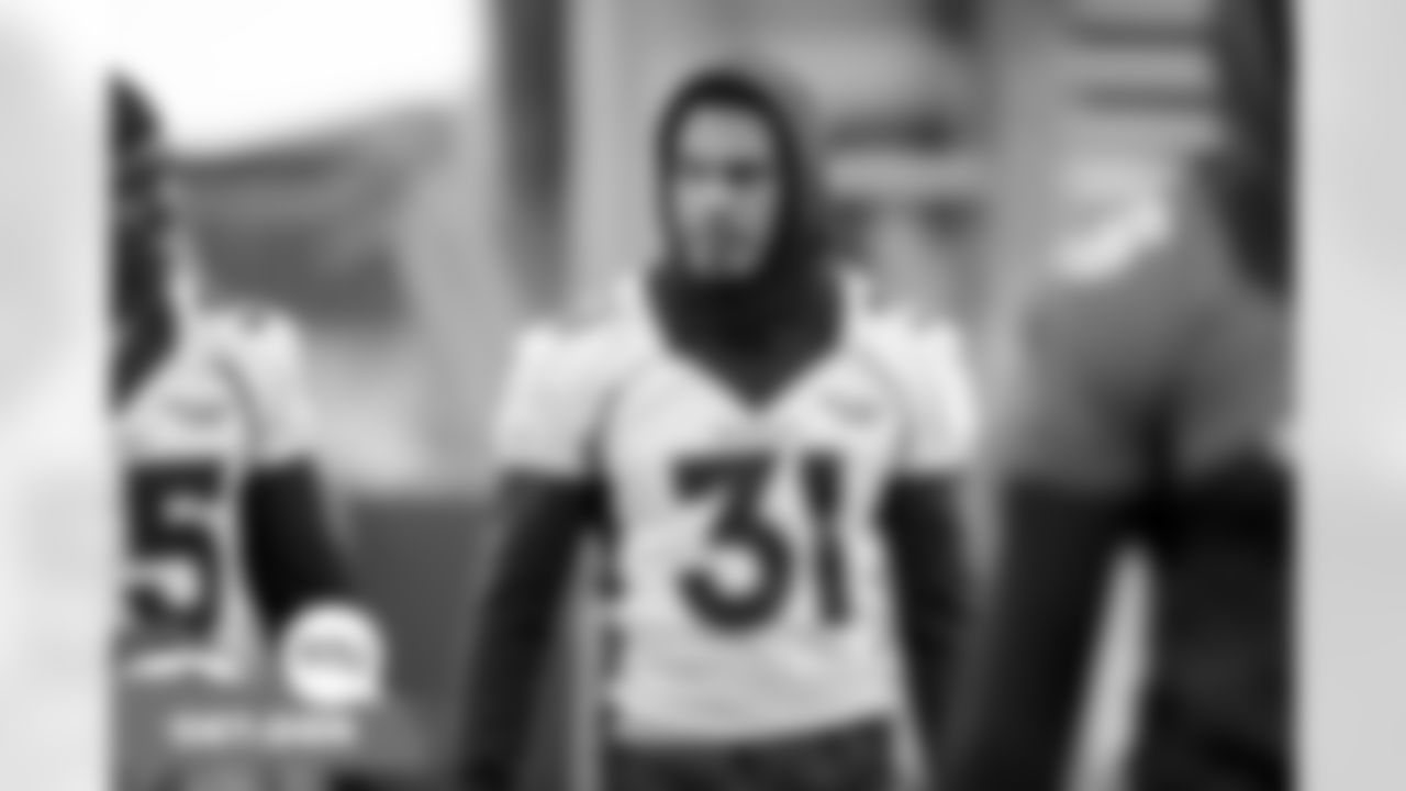 Justin Simmons during practice at UCHealth Training Center in Englewood, Colorado on December 10, 2021. (Photo by Ben Swanson)
