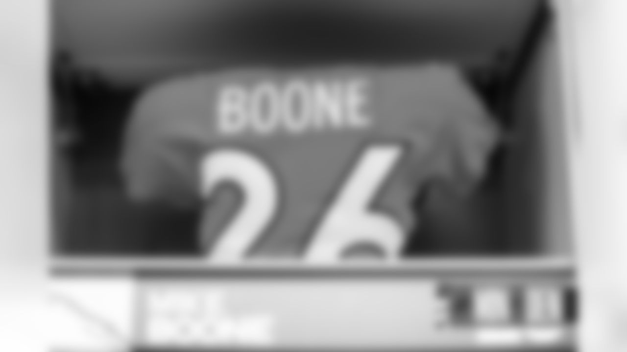 Mike Boone's jersey in the locker room before the Broncos' preseason Week 3 game against the Minnesota Vikings at Empower Field at Mile High in Denver, Colorado on August 27, 2022. (Photo by Ben Swanson)