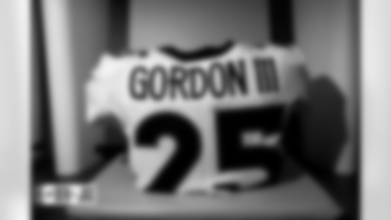 Melvin Gordon III's jersey in the locker room before the Broncos' Week 8 game against the Jacksonville Jaguars at Wembley Stadium in London, England in the United Kingdom on October 30, 2022. (Photo by Ben Swanson)
