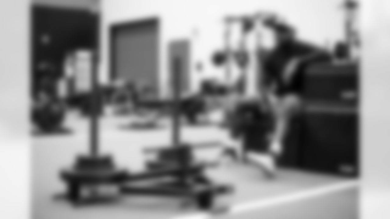 Von Miller during a video shoot in the weight room for the season hype video at UCHealth Training Center on July 13, 2021. (Photo by Ben Swanson)
