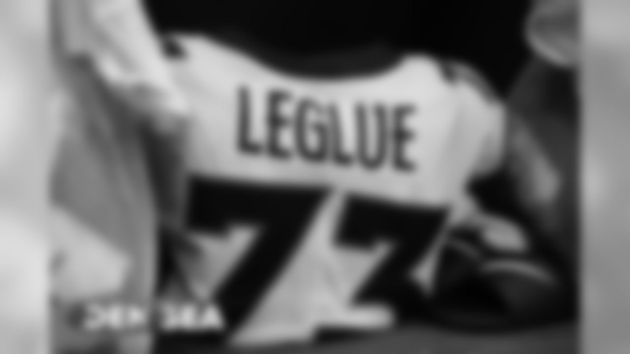 John Leglue's jersey in the visiting locker room for the Broncos' preseason game against the Seattle Seahawks at CenturyLink Field on August 8, 2019.