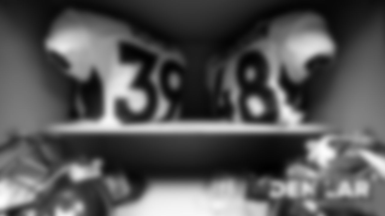 Trey Johnson's and Devontae Jackson's jerseys inside the locker room before the Broncos' preseason game against the Los Angeles Rams on August 24, 2019 at the Los Angeles Memorial Coliseum. (Photo by Ben Swanson)