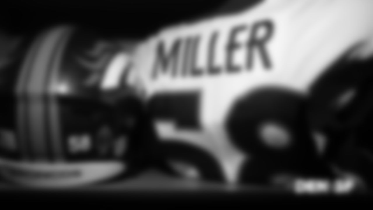 Von Miller's jersey and helmet with a Walter Payton NFL Man of the Year sticker on it in the locker room before the Broncos' Week 14 game against the San Francisco 49ers at Levi's Stadium on December 9, 2018.