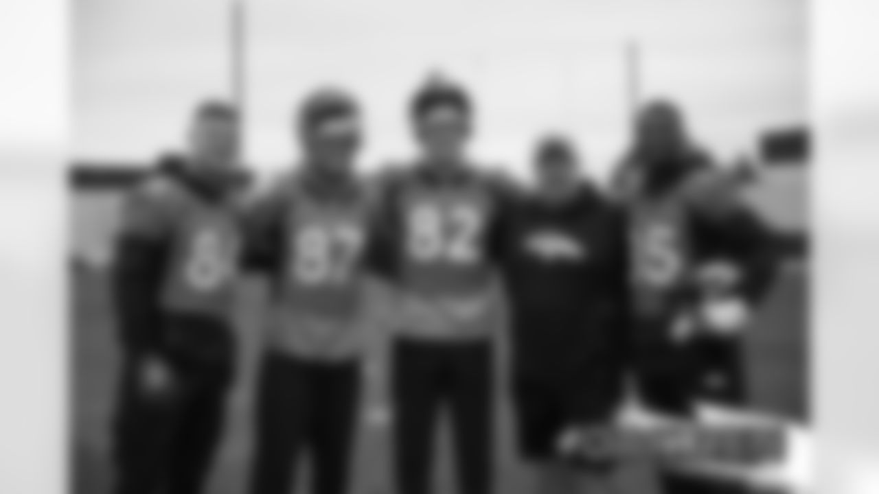Tight ends Troy Fumagalli, Noah Fant, Jeff Heuerman, Bug Howard and Tight Ends Coach Wade Harman after practice on December 27, 2019 at UCHealth Training Center. (Photo by Ben Swanson)