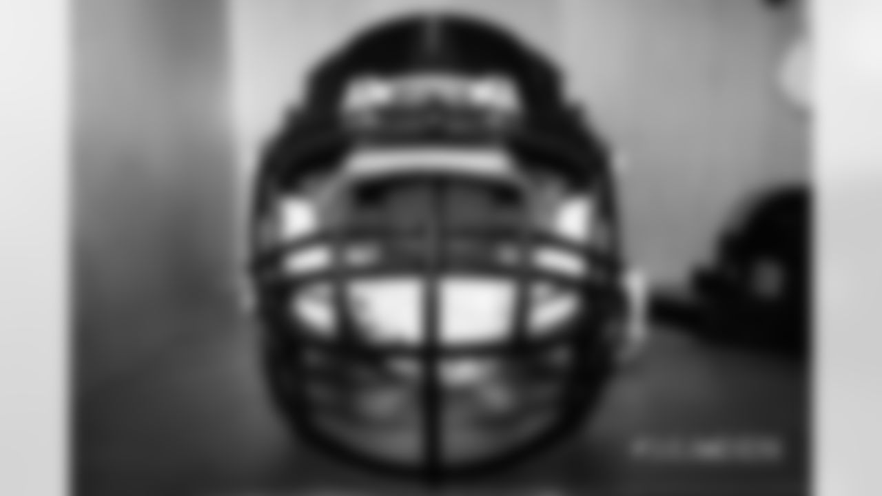Ron Leary's helmet in the locker room pregame before the Broncos' Week 1 game against the Seattle Seahawks at Broncos Stadium at Mile High on September 9, 2018.