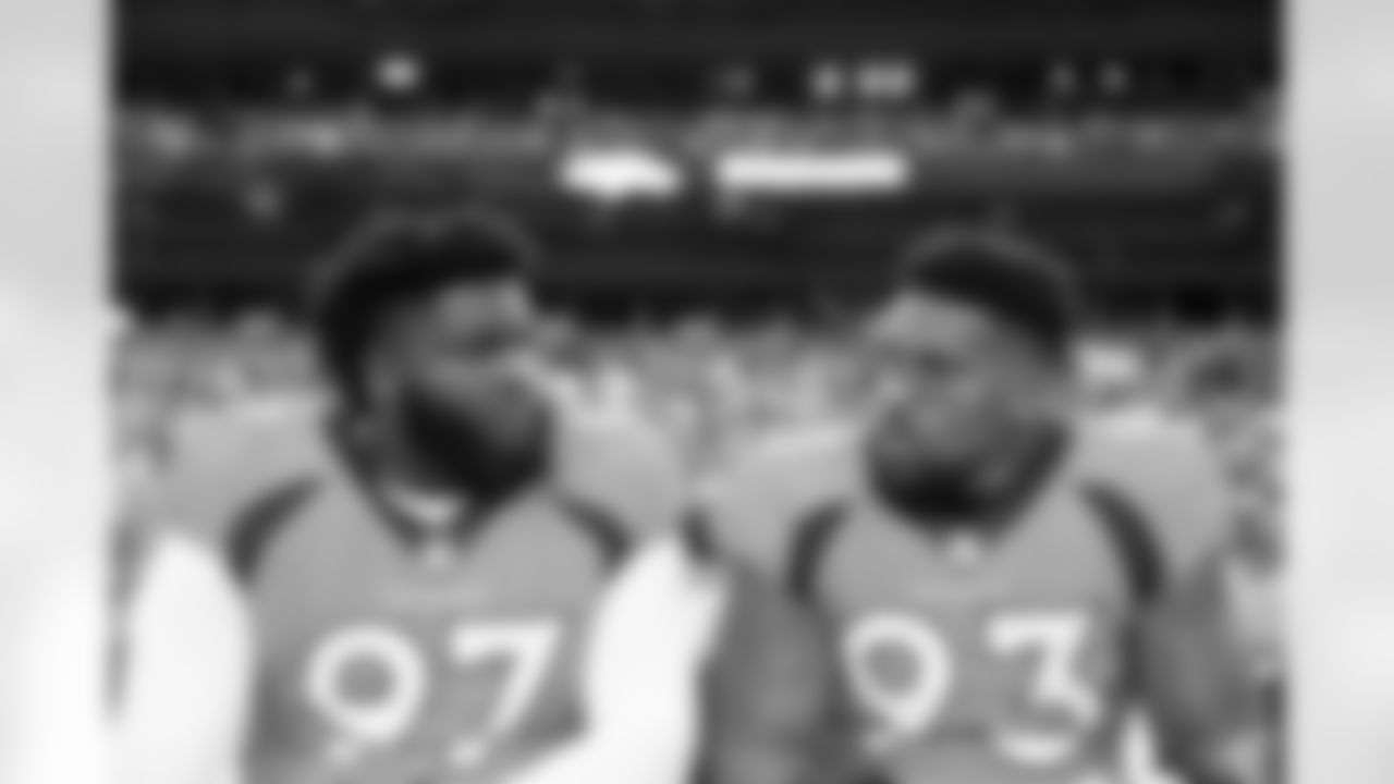 Denver Broncos defensive tackle D.J. Jones (97) and defensive end Dre'Mont Jones (93) during a NFL game against the Indianapolis Colts on Thursday, October 6, 2022 at Empower Field at Mile High in Denver, Colorado.
Photo by Gabriel Christus / Denver Broncos
