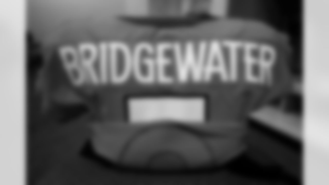 Teddy Bridgewater's jersey in the locker room before the Broncos' Week 8 game against the Washington Football Team at Empower Field at Mile High in Denver, Colorado on October 31, 2021. (Photo by Sam Weaver)