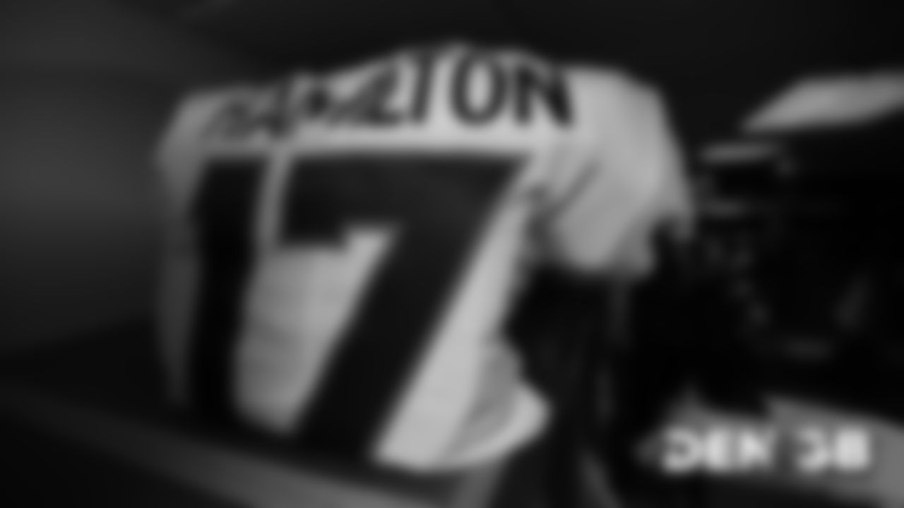 DaeSean Hamilton's jersey inside the locker room before the Broncos' Week 3 game against the Green Bay Packers on September 22, 2019 at Lambeau Field. (Photo by Ben Swanson)
