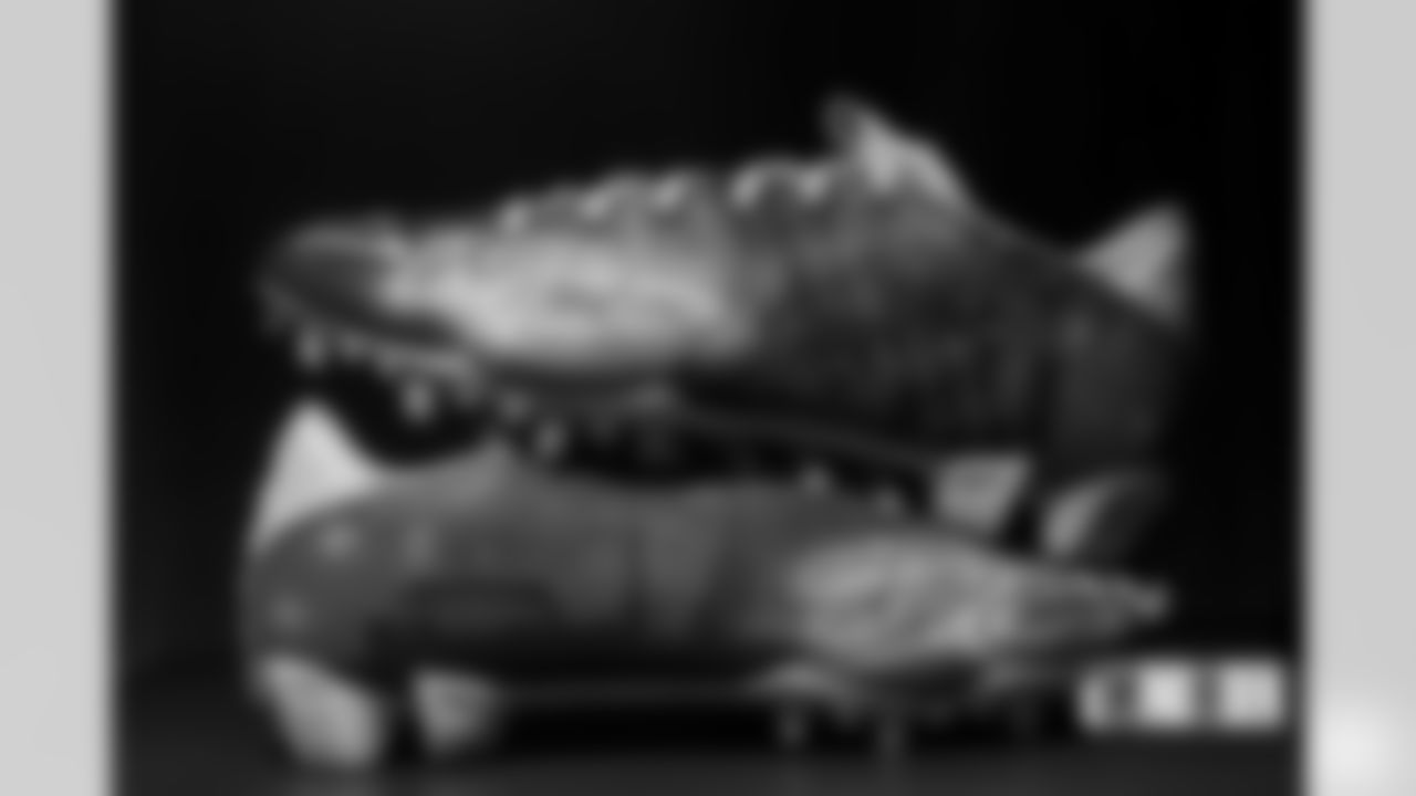 Ronald Darby's cleats in the locker room before the Broncos' Week 5 game against the Indianapolis Colts at Empower Field at Mile High in Denver, Colorado on October 6, 2022. (Photo by Ben Swanson)