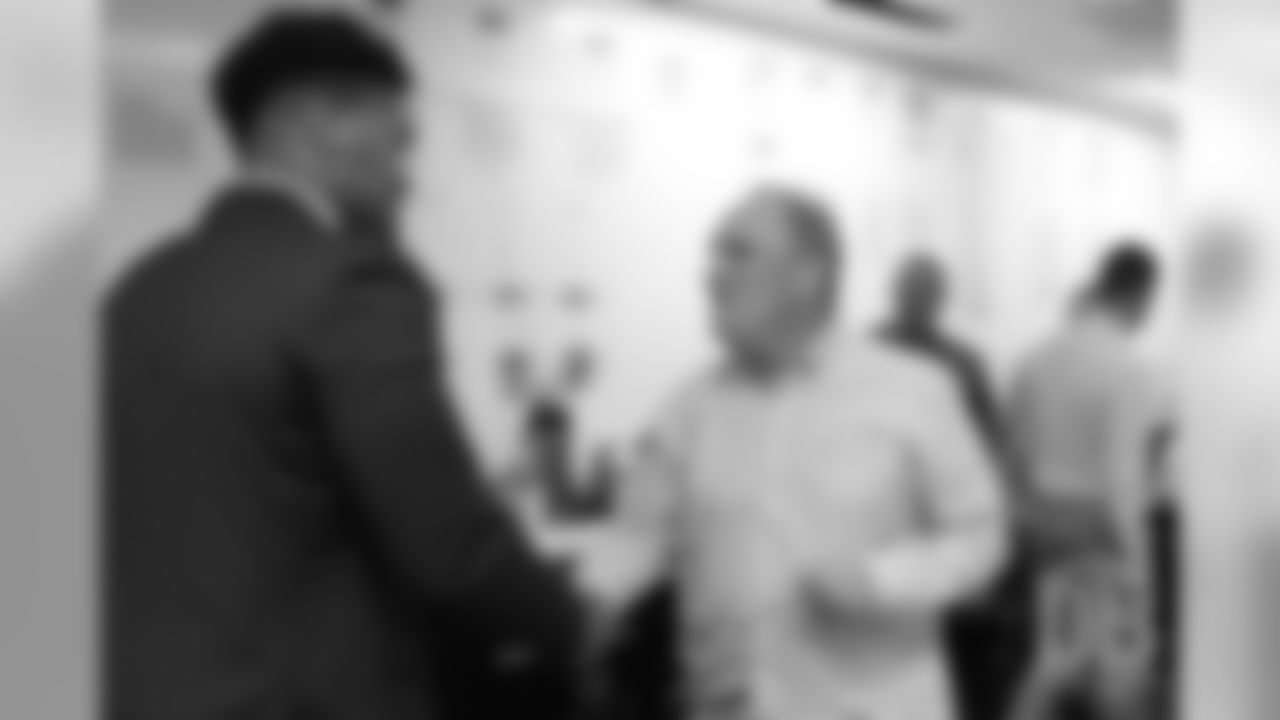 Dre'Mont Jones greets Head Coach Vic Fangio during the arrival tour for Day 2 picks at UCHealth Training Center on April 27, 2019 after the Broncos drafted them in the 2019 NFL Draft.