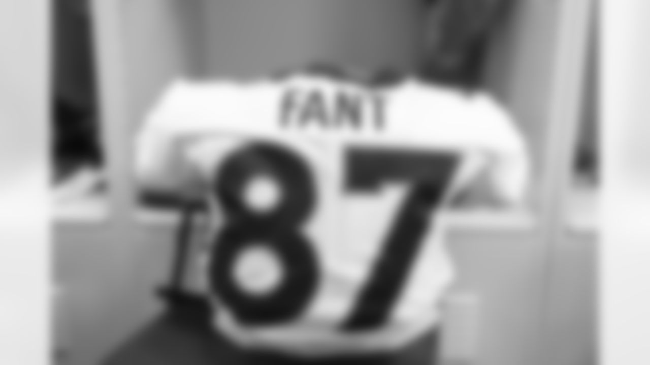 Noah Fant's jersey in the locker room before the Broncos' Week 17 game against the Los Angeles Chargers at SoFi Stadium in Inglewood, California on January 2, 2022. (Photo by Gabriel Christus)