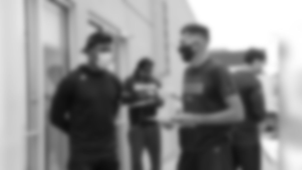 Head Athletic Trainer Vince Garcia talks with a player as he reports to UCHealth Training Center for the first day of COVID-19 testing on July 23, 2020. Rookies, quarterbacks, players recovering from injuries and several others reported early ahead of training camp and began their testing protocols. (Photo by Ben Swanson)