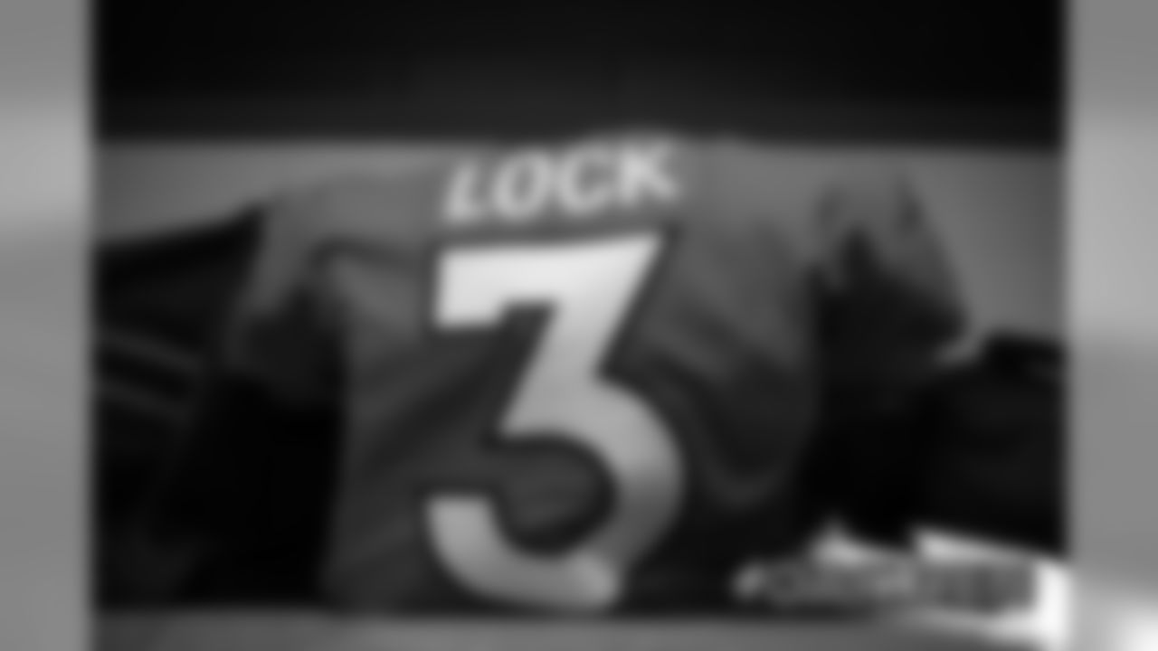 Drew Lock's jersey in the locker room before the Denver Broncos' Week 17 game against the Oakland Raiders at Empower Field at Mile High on December 29, 2019. (Photo by Ben Swanson)