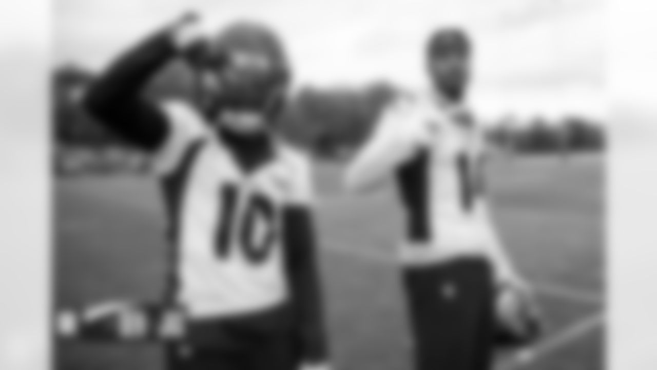 Jerry Jeudy and Courtland Sutton at practice at Harrow School just outside London, England in the United Kingdom on October 27, 2022. (Photo by Ben Swanson)