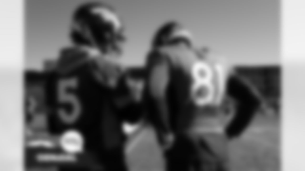 Teddy Bridgewater and Tim Patrick during practice at UCHealth Training Center in Englewood, Colorado on November 5, 2021. (Photo by Sam Weaver)