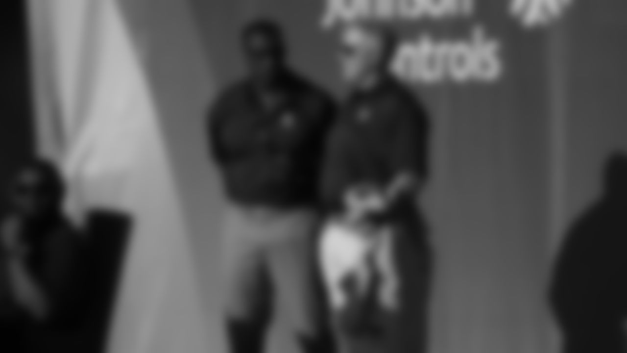 Shannon Sharpe and John Elway at the 2019 Pro Football Hall of Fame enshrinement ceremony on August 3, 2019 in downtown Canton, Ohio.