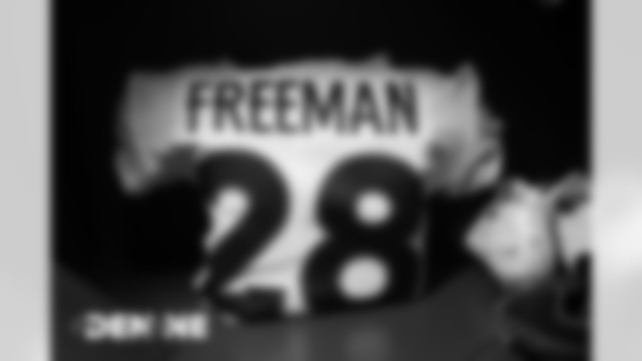 Royce Freeman's jersey in the locker room before the Broncos' Week 6 game against the New England Patriots at Gillette Stadium in Foxborough, Massachusetts, on October 18, 2020. (Photo by Ben Swanson)