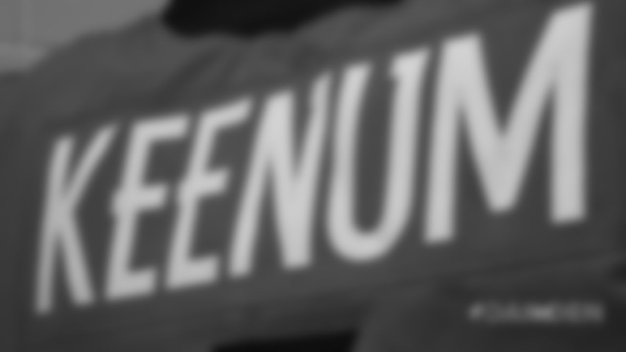 Case Keenum's name on his jersey in the locker room pregame before the Broncos' Week 2 game against the Oakland Raiders at Broncos Stadium at Mile High on September 16, 2018.