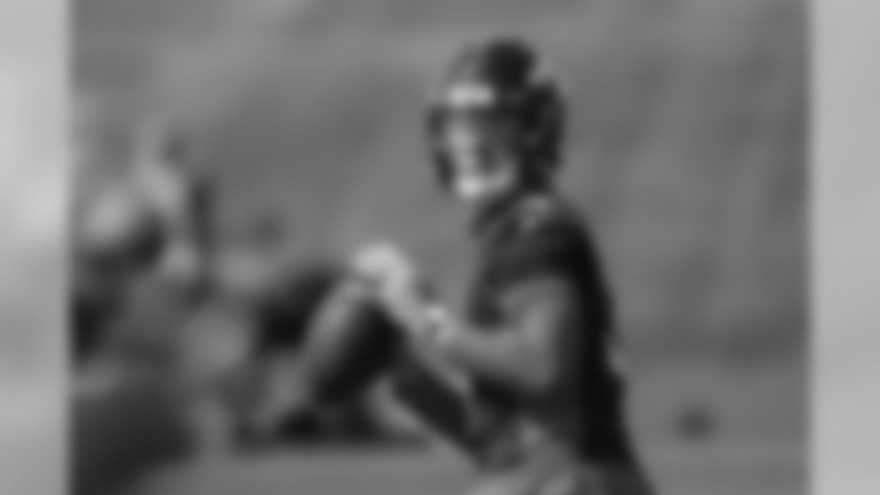 Drew Lock goes through drills during practice for early reports at UCHealth Training Center on August 10, 2020. (Photo by Ben Swanson)