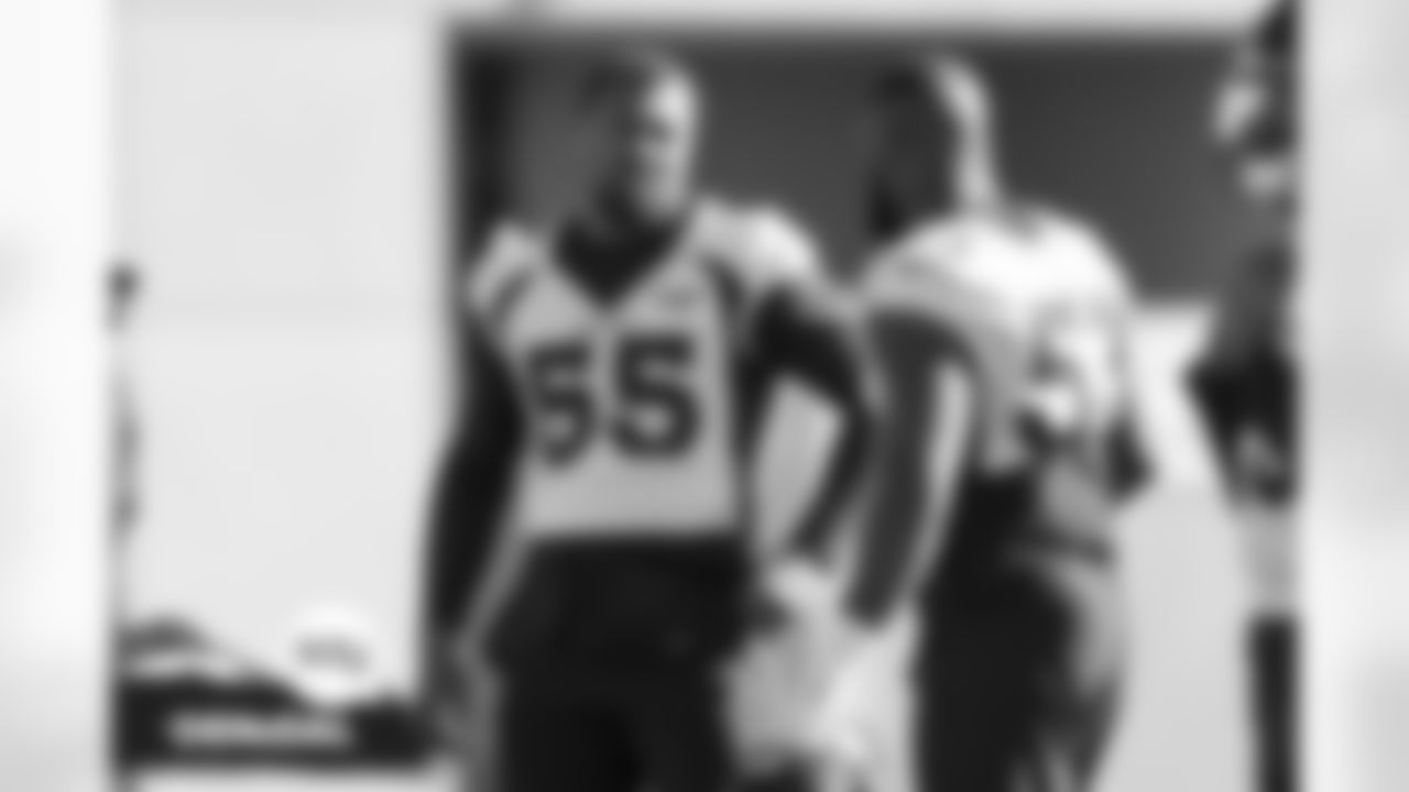 Bradley Chubb and Jonathon Cooper during practice on Wednesday, November 3, 2021 at UCHealth Training Center in Englewood, Colorado.
Photo by Gabriel Christus