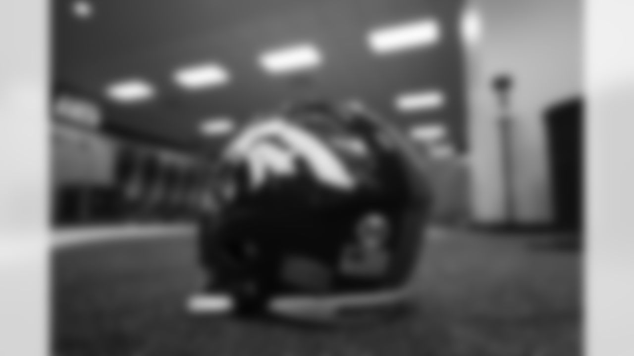 Tim PatrickÕs helmet ahead of the Broncos Week 14 game vs. the Lions at Empower Field at Mile High on December 12, 2021. The Broncos helmets have an 88 decal on them to honor former Broncos WR Demaryius Thomas.