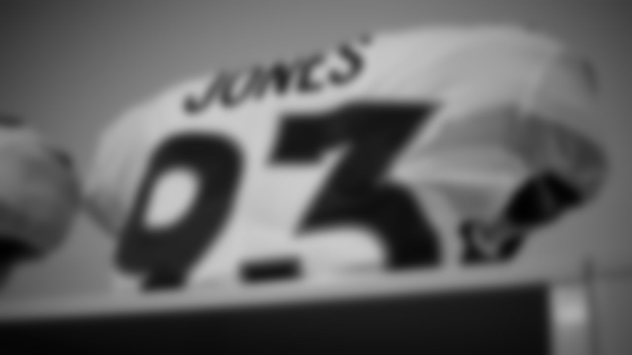 Dre'Mont Jones's jersey inside the locker room during the equipment setup before the Broncos' preseason matchup with the Falcons in the Pro Football Hall of Fame Game on August 1, 2019 at Tom Benson Hall of Fame Stadium.