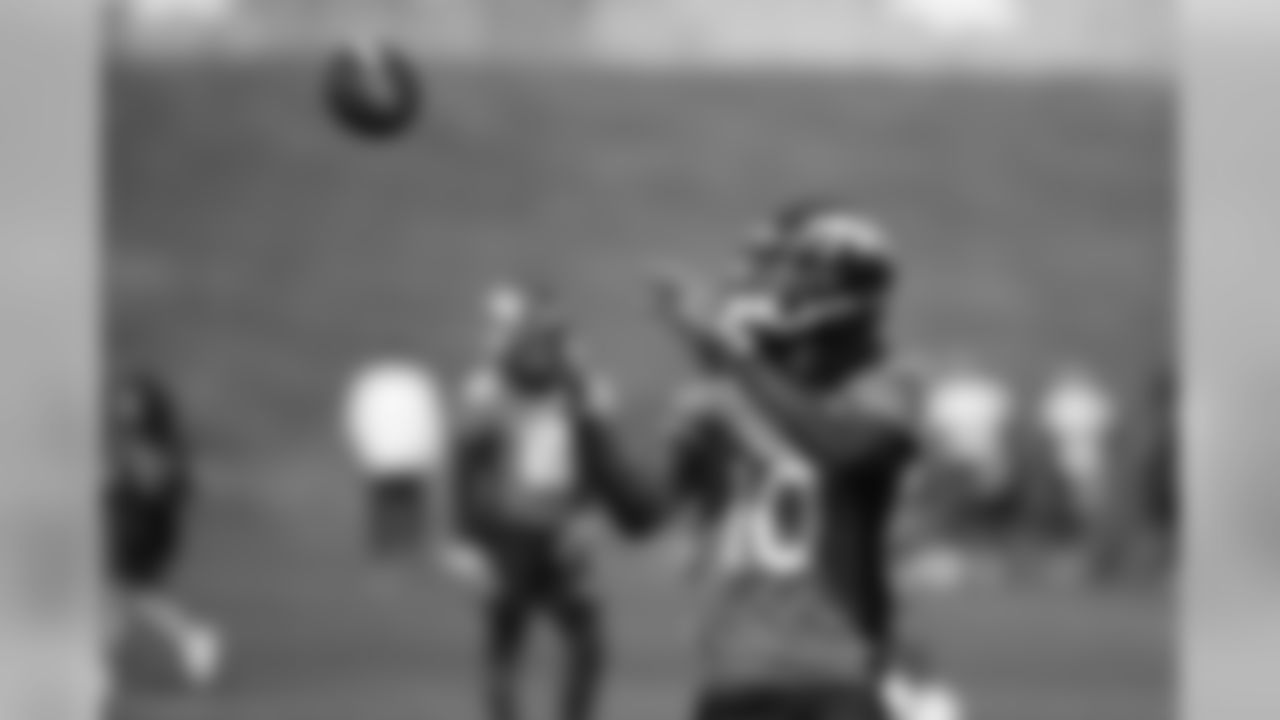 Jerry Jeudy catches a pass in a drill during practice for early reports at UCHealth Training Center on August 10, 2020. (Photo by Ben Swanson)