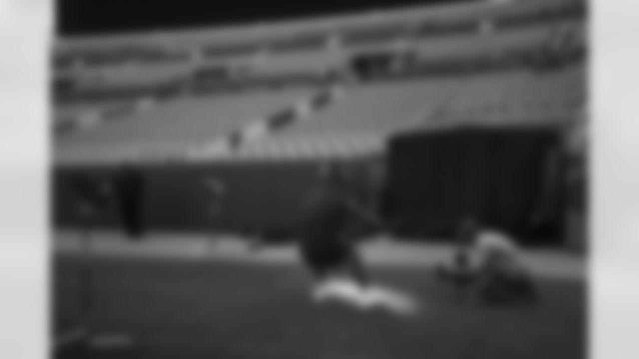During the taping of hype video segments with Dalton Risner at Empower Field at Mile High on July 25, 2021. (Photo by Gabriel Christus)