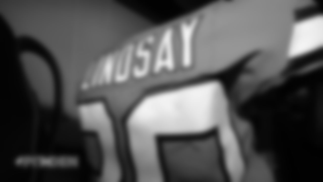 Phillip Lindsay's jersey in the locker room pregame before the Broncos' Week 12 game against the Pittsburgh Steelers at Broncos Stadium at Mile High on November 25, 2018.