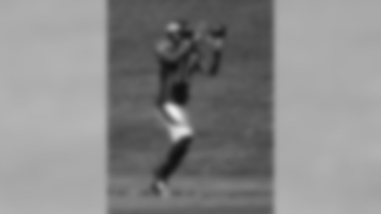 Wide receiver Emmanuel Sanders catches a pass during drills in his first training camp as a Bronco in 2014.
